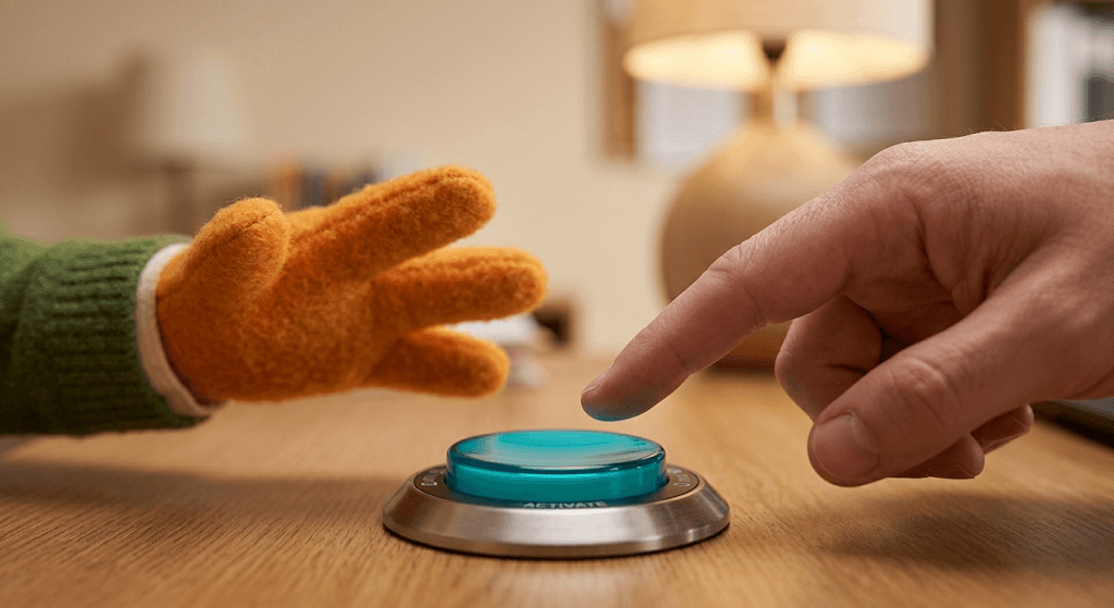 A puppet hand hovering above a large physical button while a human finger presses it.