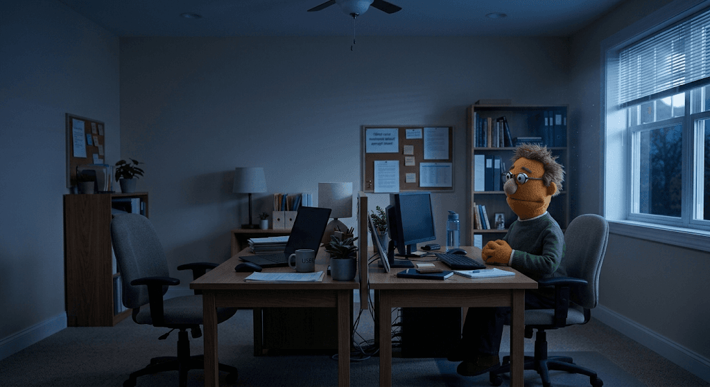 A single puppet sitting at its desk at night, screen dark, the user's chair empty beside it.